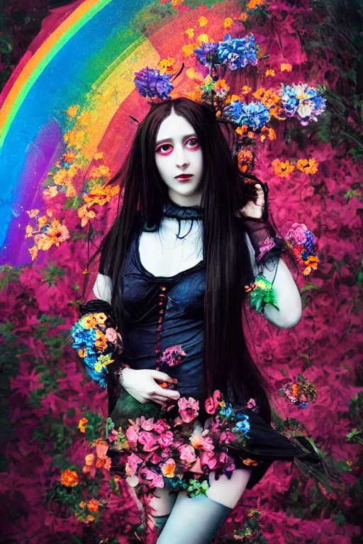 Image similar to pre-raphaelite punk rock dark rainbow noir anime girl painting, floral detail, photo by Annie Leibovitz, Anton Fadeev