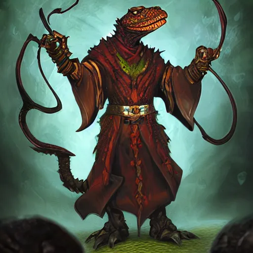 Image similar to HD Dungeons and Dragons character portrait of a Lizard Warlock, with fire in his eyes and evil in his heart