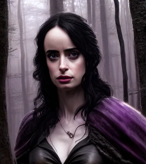 Image similar to 5 5 mm close up portrait photo of krysten ritter as yennefer of vengerberg in black leather armor and long black wavy hair and purple eyes, in a forest. magical atmosphere. art by greg rutkowski. lifelike. very detailed 8 k. intricate. soft light. nikon d 8 5 0.