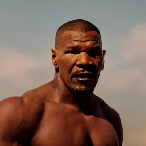 Image similar to a cinematic film still of Jamie Foxx starring as Mike Tyson, portrait, 40mm lens, shallow depth of field, close up, split lighting, cinematic