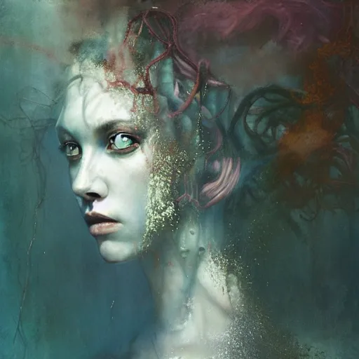 Image similar to Medusa by cy Twombly and BASTIEN LECOUFFE DEHARME, iridescent, volumetric lighting