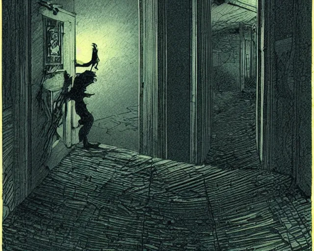 Prompt: in this ominous scene, we see a long twisting corridor leading to a door with light spilling beneath it, a mysterious ghostly figure passes through old wallpaper, art by bernie wrightson, foreboding, creepy, dusty, abandoned, colorful, blue and gold color scheme