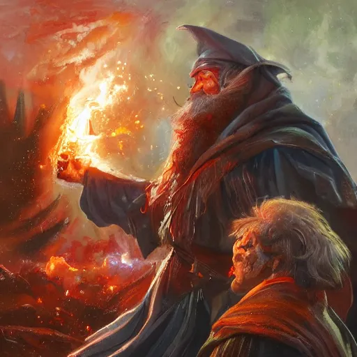 Image similar to Highly detailed oil painting, concept art, of a wizard casting a fireball spell, fighting against a huge ice giant, red and blue color scheme, concept art, highly detailed.