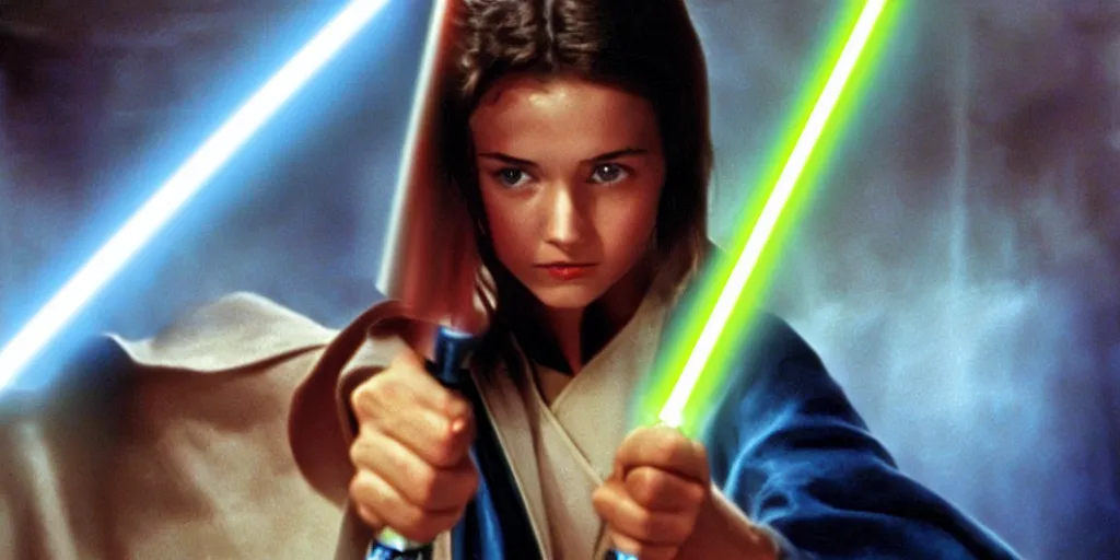 Image similar to a full color still of a teen brunette Jedi padawan holding a lightsaber hilt with laser bolts flashing by, cinematic lighting, 1999, directed by Steven Spielberg, 35mm