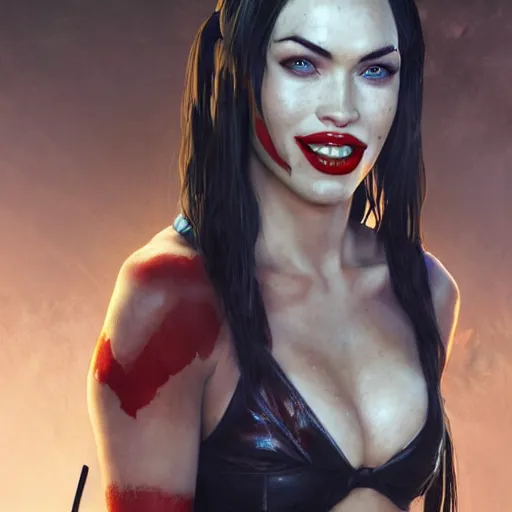 Image similar to portrait of megan fox as harley quinn, au naturel, hyper detailed, digital art, trending in artstation, cinematic lighting, studio quality, smooth render, unreal engine 5 rendered, octane rendered, art style by klimt and nixeu and ian sprigger and wlop and krenz cushart.