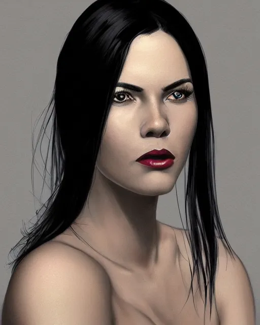 Image similar to portrait of a tall 4 0 - year - old woman with thin lips, long, lush black hair gathered on the head, and thick eyebrows, wearing in black clothes, aristocratic appearance, hyper realistic face, beautiful eyes, character art, art by mark brooks, hyperdetailed, cryengine, trending on artstation, digital art