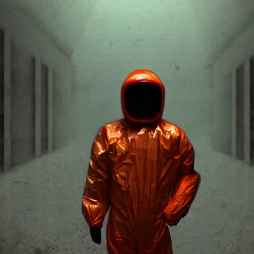 Prompt: news reporter in a hazmat suit 1 9 9 0 s news found footage of an abandoned soviet downtown with a humanoid scp hidden in background, liminal space, backrooms, scp, film grain, rundown, eerie, dark lighting, 3 5 mm, realistic, photograph, hazmat suits, foggy, silent hill style, detailed, hyperrealistic