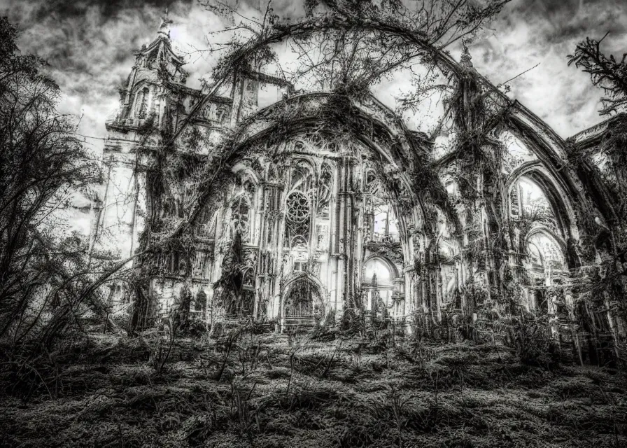 Image similar to abandoned cathedral with overgrown vegetation, vintage infrared photograph