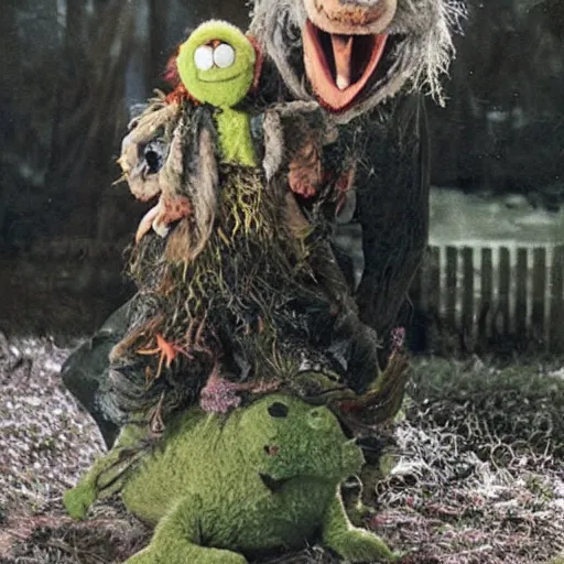 Image similar to zombie fraggle rock muppets, family photo of zombie muppets, photo from the 7 0 s