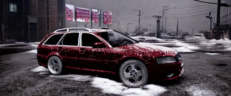 Prompt: Audi A4 B6 Avant (2002), a gritty neo-noir, dramatic lighting, cinematic, eerie person, death, homicide, homicide in the snow, viscera splattered, gunshots, bullet holes, establishing shot, extremely high detail, photorealistic, arson, cinematic lighting, artstation, by simon stalenhag, Max Payne (PC) (2001) winter New York at night, In the style of Max Payne 1 graphic novel, flashing lights, Poets of the Fall - Late Goodbye