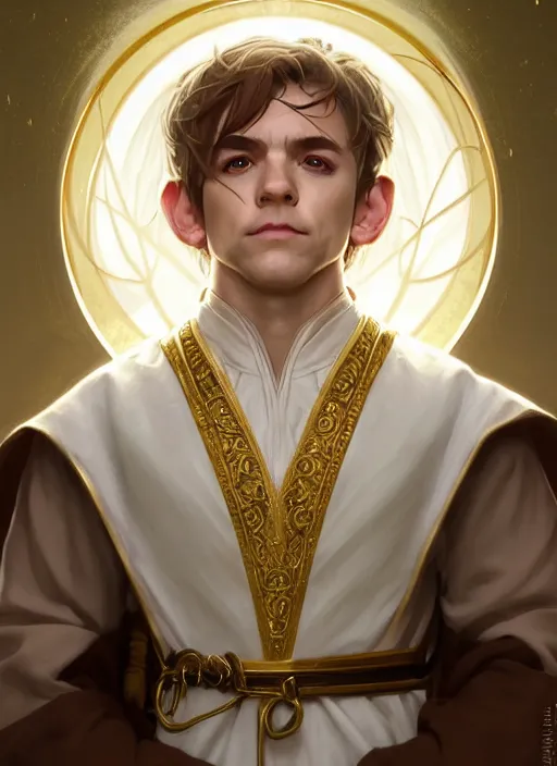 Prompt: symmetry!! portrait of a young halfling male cleric, white robe with gold accents, light brown hair pony tail, wry smirk, brown, gold and white cloak, necklace, elegant, highly detailed, digital painting, artstation, concept art, smooth, sharp focus, illustration, art by artgerm and greg rutkowski and alphonse mucha