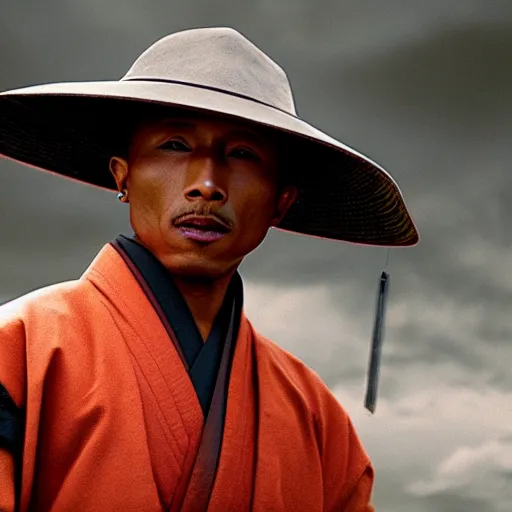 Image similar to cinematic film still Pharrell Williams starring as a Samurai holding fire, Japanese CGI, VFX, 2003, 40mm lens, shallow depth of field,film photography