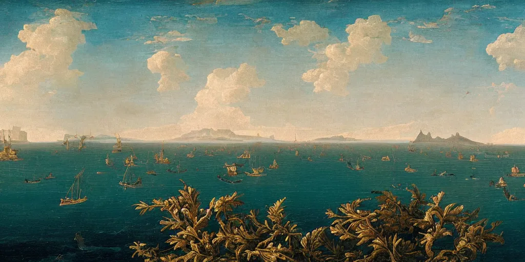 Prompt: rateo, ocean, tilt shift, gulf of Naples, Pompeian, naval battle, italian masterpiece, wind, sky in background, wind rose, Ashford Black Marble, sculpture, baroque, draped with red Hibiscus and vines and spines, marble and hint gold, stars, puffy clouds, suns, moons, drapes, dead fruits, Obsidian, pomegranade, armour, medieval globe, glass, portrait, mage, centaur, siren, lion, chariot, rabbit, snails, render, artstation, ultra detailed