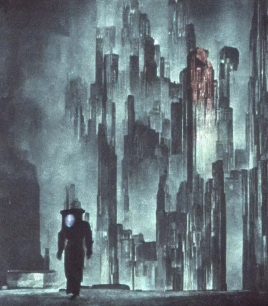 Image similar to high quality colorized movie still from Metropolis: a lonely ghost walking alone at night, high quality silent movie, iridescent color palette