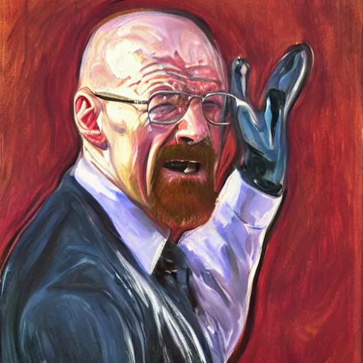 Prompt: Walter White screaming, expressive oil painting by Edvard Munch