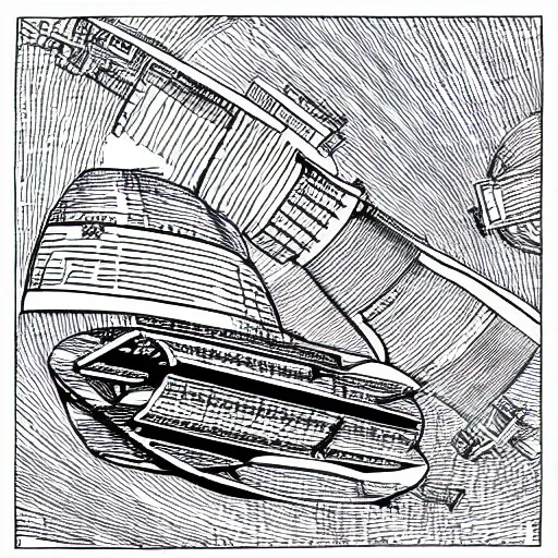 Image similar to line art drawing of a spaceship approaching a giant space station