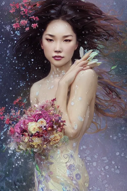 Image similar to portrait of a beautiful woman wearing a cheongsam dress, holding a bouquet of flowing flowers, drenched body, wet dripping hair, emerging from the water, fantasy, regal, fractal crystal, fractal gems, by stanley artgerm lau, greg rutkowski, thomas kindkade, alphonse mucha, loish, norman rockwell