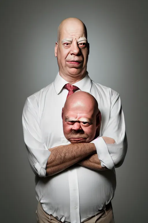 Prompt: studio portrait of man that looks excactly like homer simpson, lookalike, as if homer simpson came to life, soft light, black background, fine details, close - up, award winning photo by martin schoeller