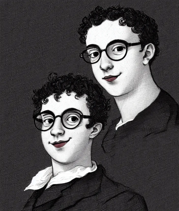 Prompt: illustration of jewish young man with glasses, dark short curly hair smiling, in the style of clement hurd