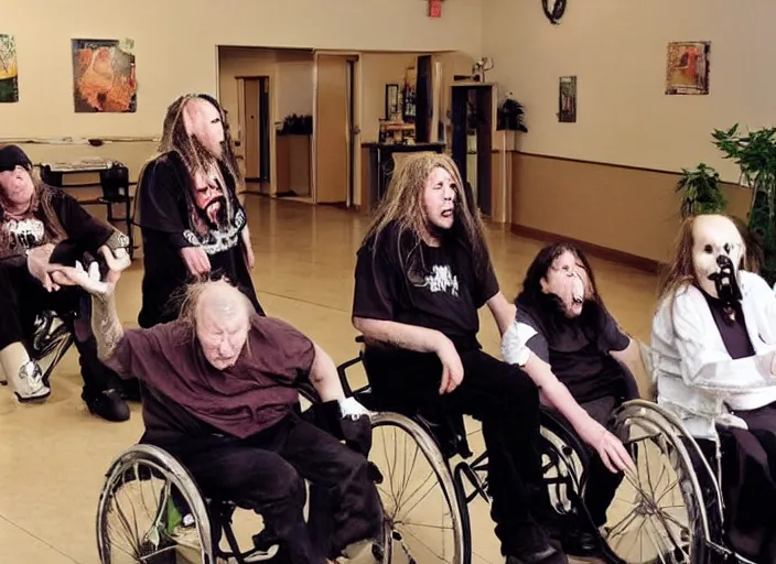 Image similar to a death metal band performing in a retirement home.