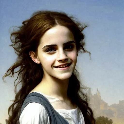 Image similar to Painting of Emma Watson as Hermione Granger. Young. Smiling. Happy. Cheerful. Prisoner of Azkaban. Art by william adolphe bouguereau. Extremely detailed. Beautiful. 4K. Award winning.