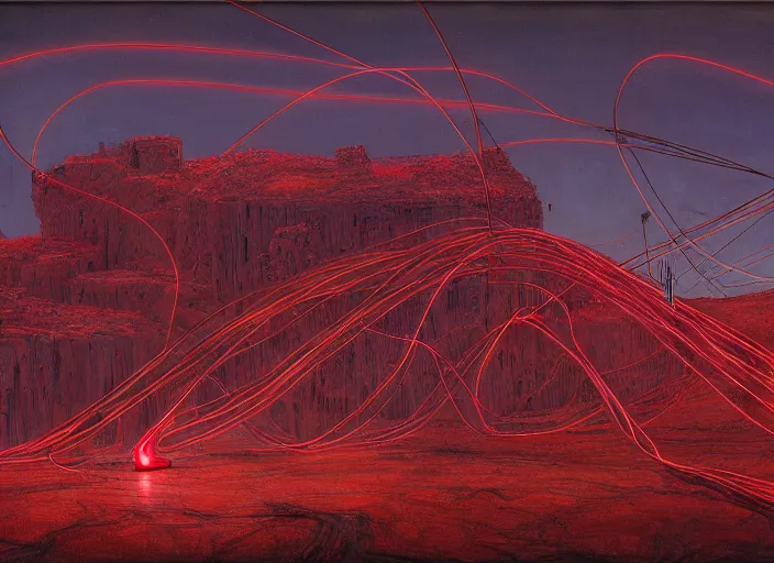 Image similar to Landscape, neon, red, glowing, wires everywhere, by Edgar Maxence and Ross Tran, Zdzisław Beksiński, and Michael Whelan, distant, gustav dore, H.R. Giger, 8k, octane render