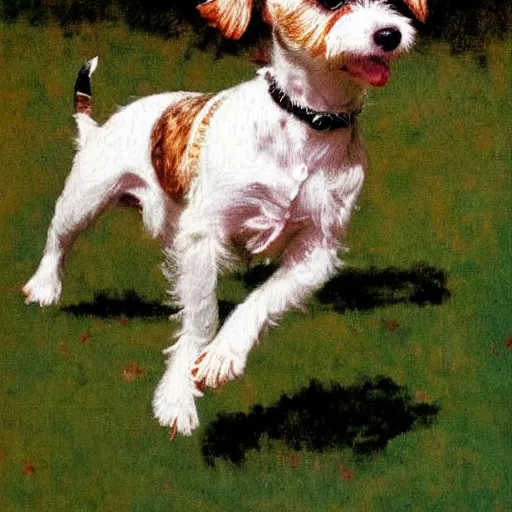 Image similar to a high quality painting of a very cute scruffy wire haired jack russell terrier puppy, white with chocolate brown spots, brown patches over both eyes. he is running through a field. painting by norman rockwell