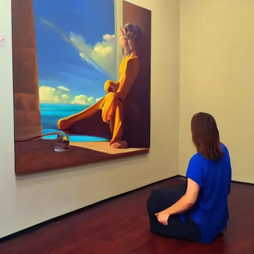 Prompt: a woman sitting on the floor next to a painting, a photorealistic painting by rhads, trending on pexels, arbeitsrat fur kunst, art, fine art, oil on canvas