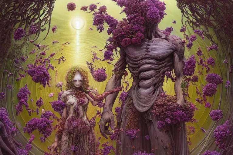 Image similar to the platonic ideal of flowers, rotting, insects and praying of cletus kasady carnage thanos dementor wild hunt doctor manhattan chtulu mandelbulb mandala ponyo spirited away davinci heavy rain, d & d, fantasy, ego death, decay, dmt, psilocybin, art by artgerm and greg rutkowski and alphonse mucha