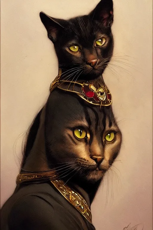 Prompt: portrait of a queen cat gir, dark, piercing eyes, gentle expression, elegant clothing, photorealistic, highly detailed, artstation, smooth, sharp focus, art by michael whelan, artgerm, greg rutkowski and alphonse mucha