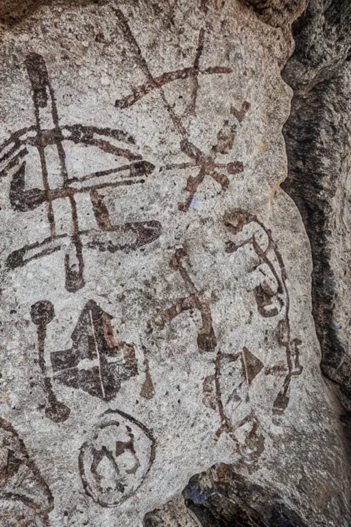 Image similar to 4 k photography of petroglyphs representing crosses, ufo, wifi symbol on a cave