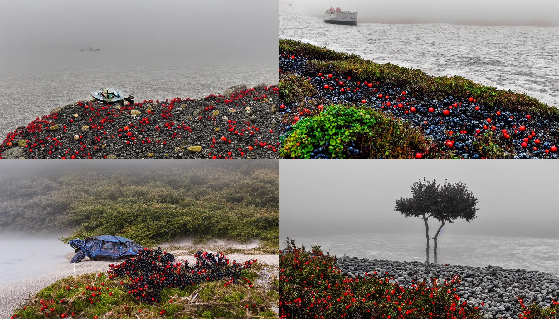 Prompt: Beach, stones, gray turtle with black dots, bushes with red berries, white bushes with black berries, in the background ship in the fog