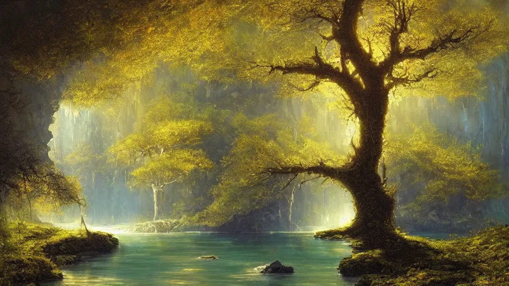 Image similar to A beautiful, highly detailed, very realistic oil painting of a single tree with lots of golden and bright glowing green leaves, next to a small river made of pure gold in the middle of a huge, very dark cave, with lots of dark grey rocks, oil painting by Greg Rutkowski.