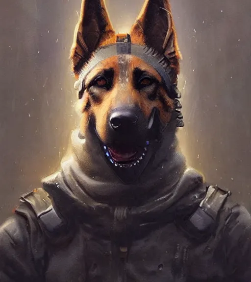 Image similar to new york city portrait of furry anthro anthropomorphic german shepard head animal person fursona wearing clothes strange cybernetic muzzle gloomy rainy cyberpunk digital art by Greg Rutkowski, Simon Stalenhag, christopher nolan trending on Artstation, CGSociety