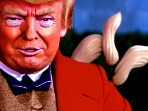 Image similar to donald trump as an oompa loompa, still from film willy wonka and the chocolate factory 1 9 7 1