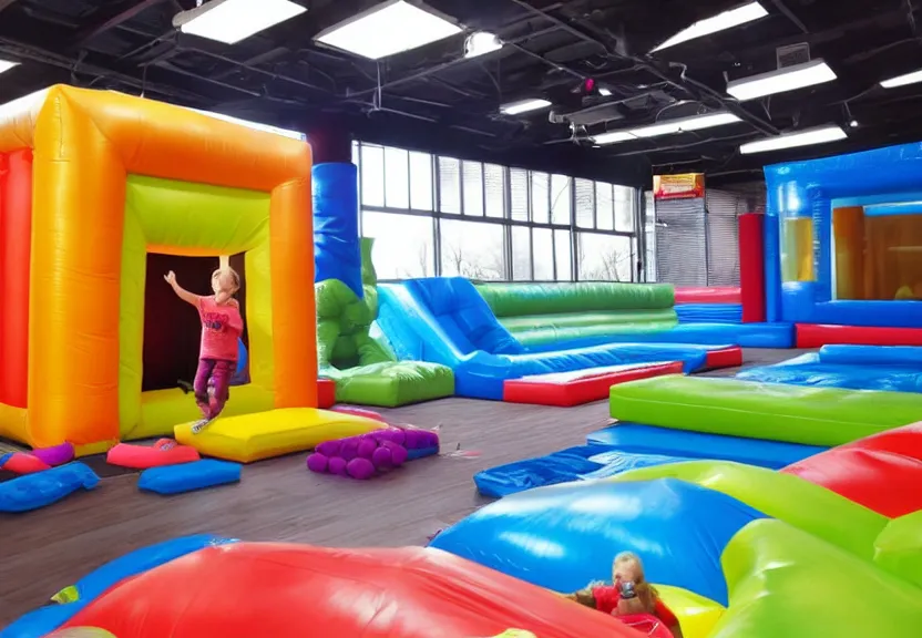 Prompt: A bouncy house with a ball pit and a trampoline inside a big empty room with light coming through windows