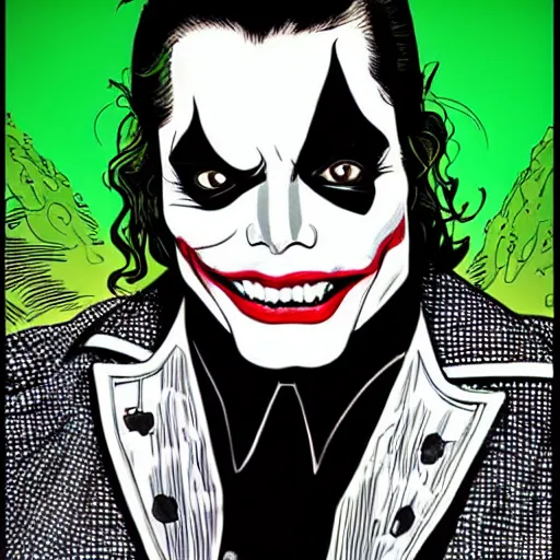 Image similar to dynamic macro head portrait of beautifu michael jackson as the joker in white sequined jacket by john romita sr and cory walker and ryan ottley and jack kirby and barry windsor - smith, comic, illustration, photo real