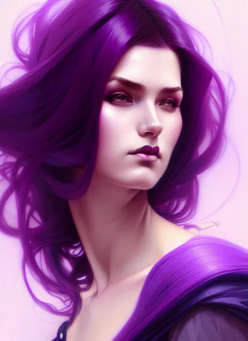 Image similar to Purple hair, creative colouring Portrait of woman, fashion, intricate, elegant, highly detailed, digital painting, artstation, concept art, smooth, sharp focus, illustration, art by artgerm and greg rutkowski and alphonse mucha