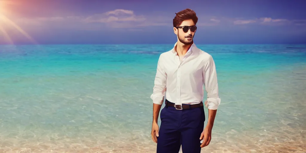 Image similar to a handsome guy is standing tall, in a beautiful shirt, with the beach, sea, sun, rays in the background? super detail, one character