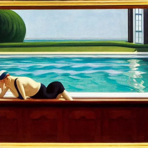 Image similar to a whale in a swimming pool by Edward hopper