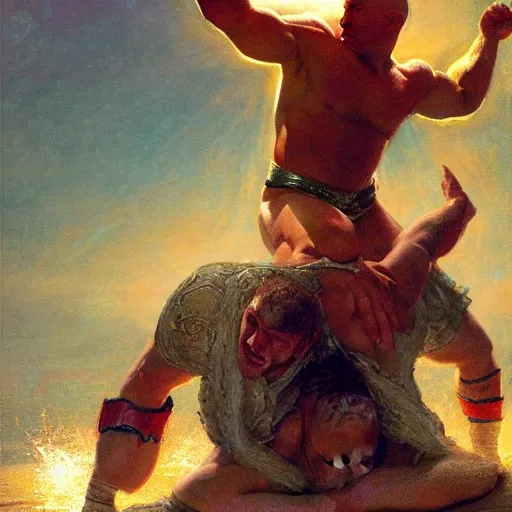 Image similar to bald wrestler breaking blonde wrestler's back, radiant light, caustics, heroic, bright iridescent light, by gaston bussiere, bayard wu, greg rutkowski, maxim verehin, epic wrestling combat, legendary