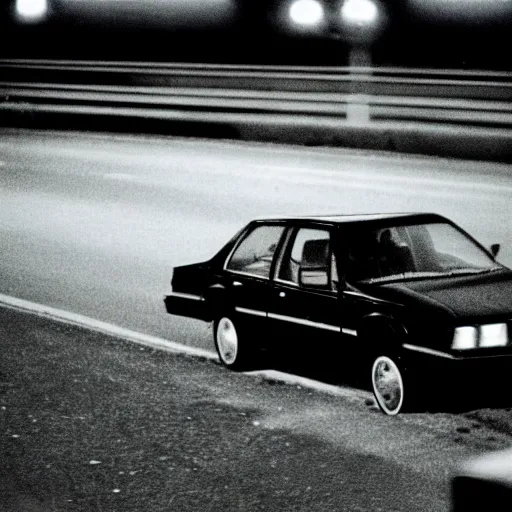 Prompt: 1980s analog photograph of a car parked on the side of the highway at night, lonely, eerie, liminal