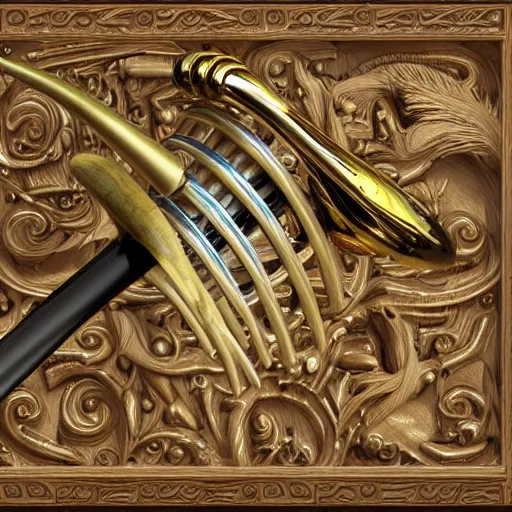 Image similar to a 3 d render of a medieval blowing horn, winding horn, animal horn, higly detailed, mystic, artwork