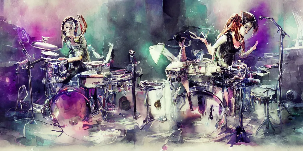 Image similar to Octopus girl playing R&R drum kit in the spotlight with rock band squid concert, cyberpunk, realistic, detailed, Industrial Scifi, paint, watercolor, in the style of Ashley Wood and Wadim Kashin