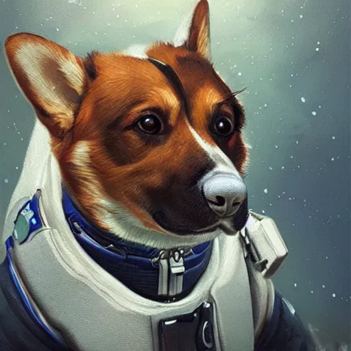 Prompt: heroic corgi cosmonaut, highly detailed portrait, greg rutkowski, trending on artstation