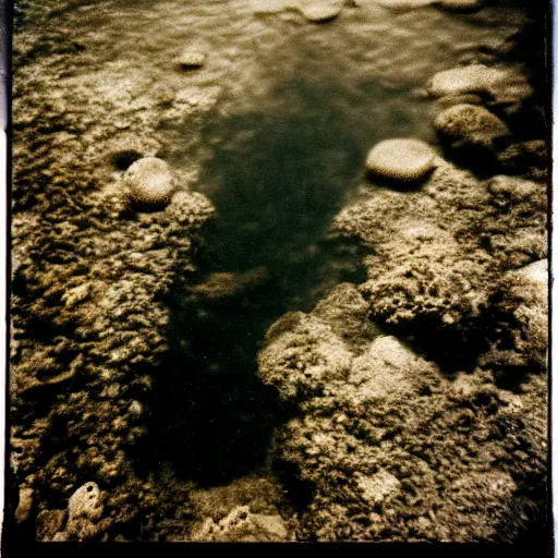 Prompt: a rusty bed at the bottom of the ocean, dark, murky water, underwater, old polaroid, expired film,