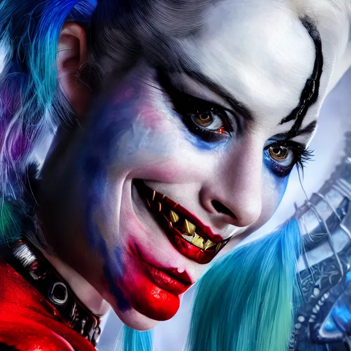 Image similar to portrait of Anne Hathaway as a harley quinn in Suicide Squad. intricate abstract. intricate artwork. by Tooth Wu, wlop, beeple, dan mumford. octane render, trending on artstation, greg rutkowski very coherent symmetrical artwork. cinematic, hyper realism, high detail, octane render, 8k, iridescent accents