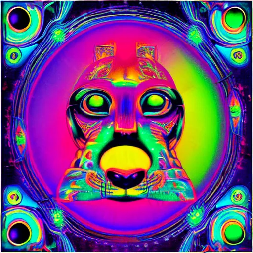 Image similar to lisa frank album cover design design depicting the alter to the ai machine gods, beautiful digital art