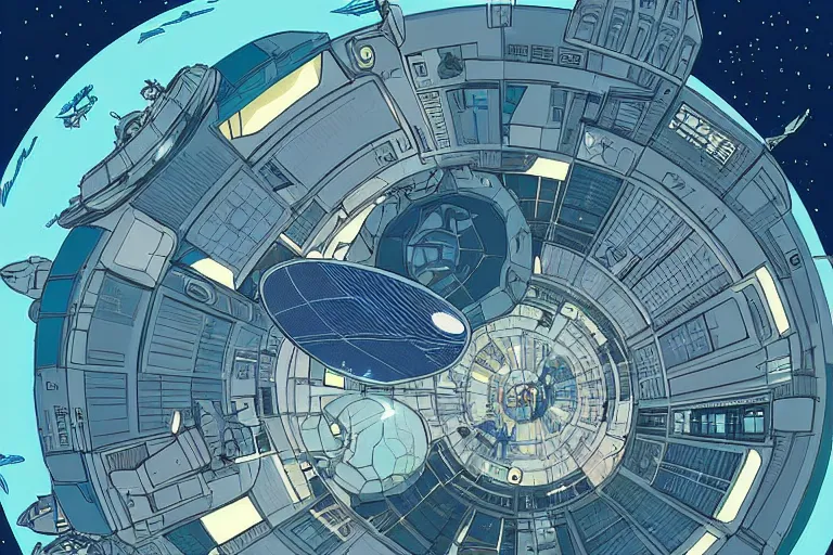 Prompt: a scifi illustration, hyper detailed external view of a space colony. aerial view. establishing shot. epic composition. flat colors, limited palette in FANTASTIC PLANET La planète sauvage animation by René Laloux