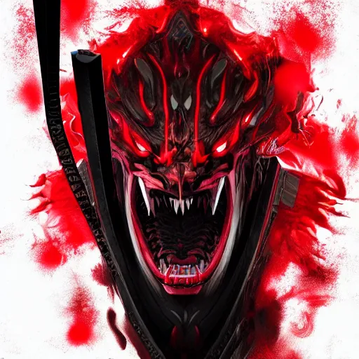 Image similar to a vivid portrait of a predator samurai, trending on artstation, scary, intimidating, dark, unreal engine, studio lighting, black and red color scheme